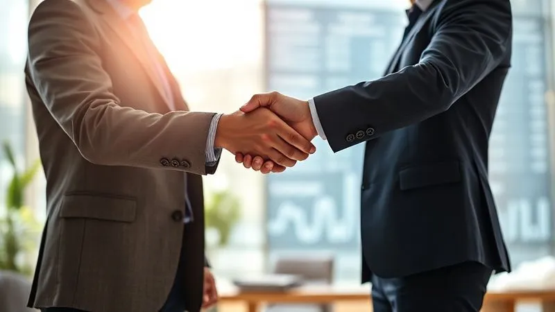 A photorealistic image of a handshake between a corporate banking executive and a client in a modern, sunlit office, symbolizing renewed trust and a strong partnership. The background shows a subtle, blurred financial data display, 8K hyper-detailed, cinematic lighting, sharp focus on the handshake, depth of field blurring the background, shot on a high-end DSLR.