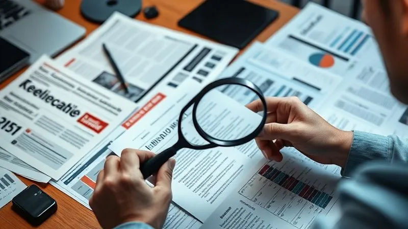 A photorealistic image of a person meticulously analyzing multiple news articles and financial reports spread across a desk, with a magnifying glass held over a key document. The scene is well-lit, professional photography, 8K, cinematic lighting, sharp focus on the documents, depth of field blurring the person's face, shot on a high-end DSLR.