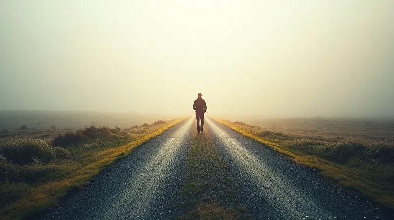 A photorealistic image of a path diverging into two distinct directions, one shrouded in mist and uncertainty, the other clear and illuminated. A lone figure stands at the crossroads, contemplating the choice. Professional photography, 8K, cinematic lighting, sharp focus on the path ahead, depth of field blurring the distant horizon, shot on a high-end DSLR.