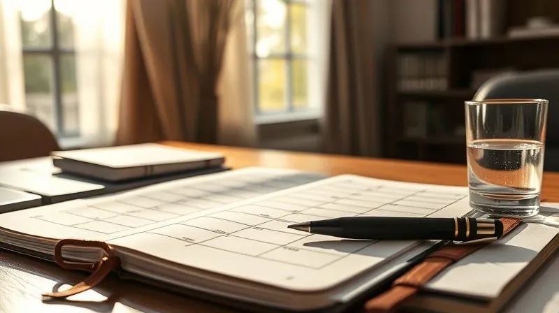 photorealistic, professional photography, 8K, cinematic lighting, sharp focus, depth of field, shot on a high-end DSLR, a meticulously organized desk with a large, open leather-bound planner, an elegant pen, and a clear glass of water, sunlight streaming through a window onto the scene, symbolizing foresight and proactive planning for the future.