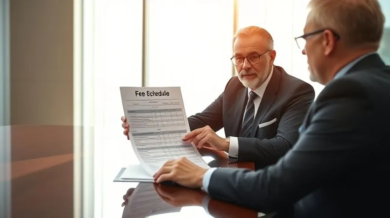 A photorealistic image of a financial advisor and an affluent client, both impeccably dressed, seated at a polished conference table. The advisor is pointing to a clear, professionally designed fee schedule document, while the client nods thoughtfully, holding a pen. Soft, natural light streams through a large window. Sharp focus on the document and their hands, depth of field subtly blurring the modern office background. Professional photography, 8K, cinematic lighting, shot on a high-end DSLR.