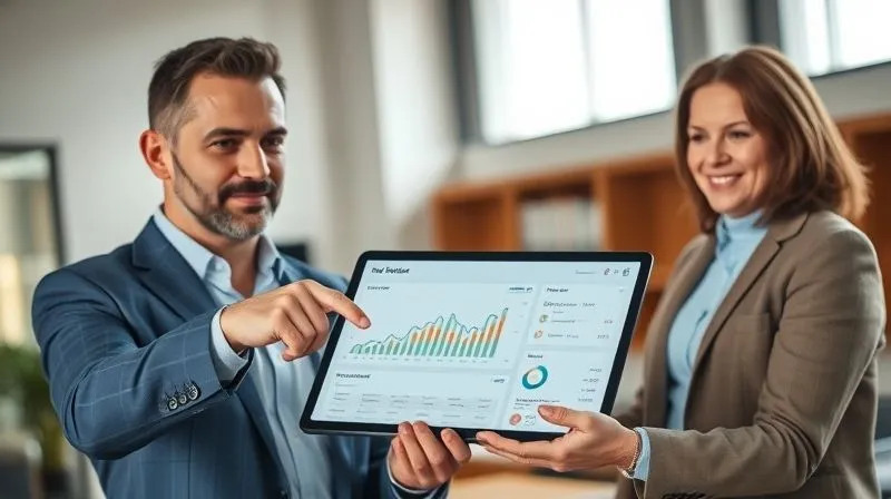 A photorealistic image of a confident financial advisor pointing to a digital tablet displaying a sophisticated, clean dashboard of financial metrics and projections, including tax savings and growth charts. An affluent client, looking relaxed and satisfied, observes alongside. The background is a modern office with subtle natural light. Sharp focus on the tablet and their hands, depth of field blurring the office. Professional photography, 8K, cinematic lighting, shot on a high-end DSLR.