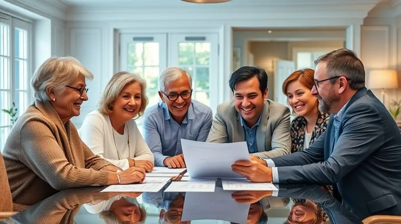 A photorealistic image of a multi-generational family (grandparents, parents, adult children) gathered around a large table with a financial advisor, all smiling and engaged. They are looking at a document or screen, suggesting a successful financial review. The setting is a bright, elegant home office or meeting room. Cinematic lighting, sharp focus on the family and advisor, depth of field blurring the background. Professional photography, 8K, shot on a high-end DSLR.