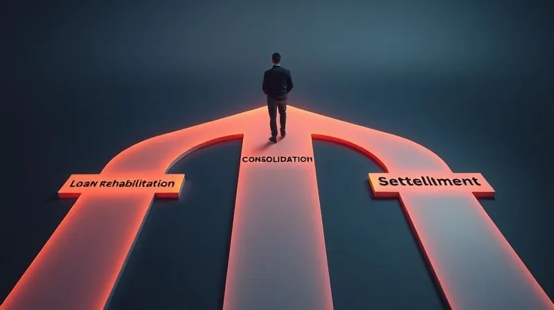 A photorealistic image showing three distinct paths diverging from a point, each labeled: 'Loan Rehabilitation', 'Consolidation', and 'Settlement'. The paths are clear and well-lit, representing choices, with a person standing at the starting point looking thoughtfully at the options, cinematic lighting, sharp focus, depth of field, 8K hyper-detailed.