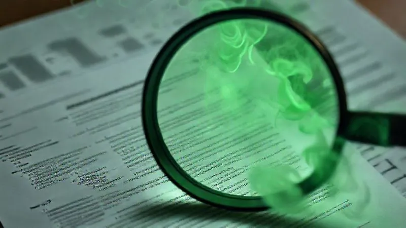 A photorealistic image of a magnifying glass hovering over a complex financial document with faint green smoke curling around the text, symbolizing scrutiny over greenwashing claims. professional photography, 8K, cinematic lighting, sharp focus on the document, depth of field blurring the background, shot on a high-end DSLR.