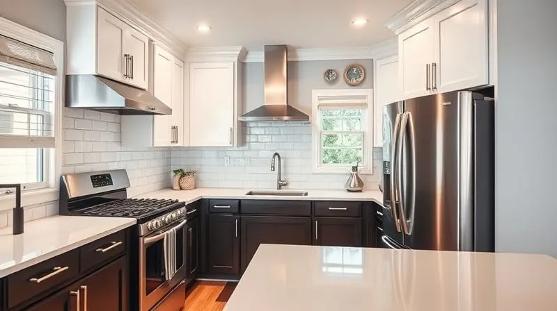 A photorealistic, professional photography, 8K, cinematic lighting, sharp focus, depth of field, shot on a high-end DSLR, depicting a tastefully renovated kitchen with modern stainless steel appliances, clean countertops, and bright lighting, contrasted with a 'before' image subtly visible in a reflection, symbolizing property enhancement and value addition.