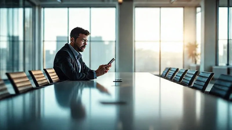 A photorealistic image of a lone entrepreneur sitting at a large, empty conference table, looking at their phone with a pensive expression, the room bathed in soft, natural light filtering through large windows. The scene is professional photography, 8K, cinematic lighting, sharp focus on the entrepreneur's face, depth of field blurring the background, conveying a sense of waiting and reflection.