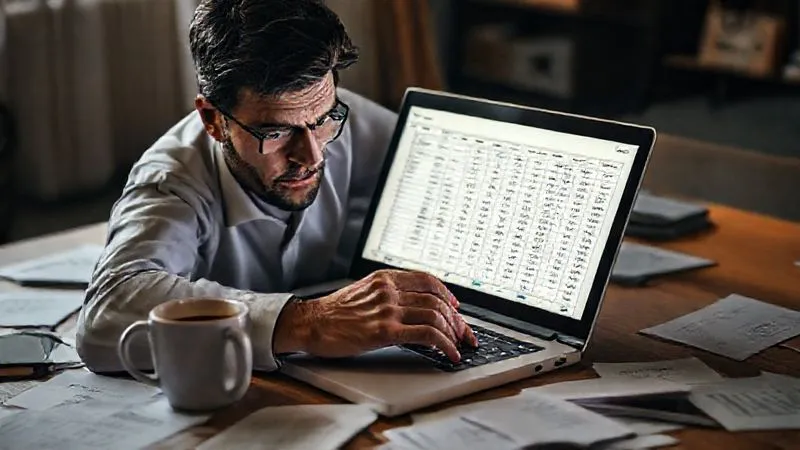 A photorealistic image of an entrepreneur intently reviewing a complex financial spreadsheet on a laptop, surrounded by scattered notes and a half-empty coffee cup. The scene is professional photography, 8K, cinematic lighting, sharp focus on the laptop screen and the entrepreneur's determined expression, depth of field blurring the background, conveying focus on financial strategy and contingency planning.