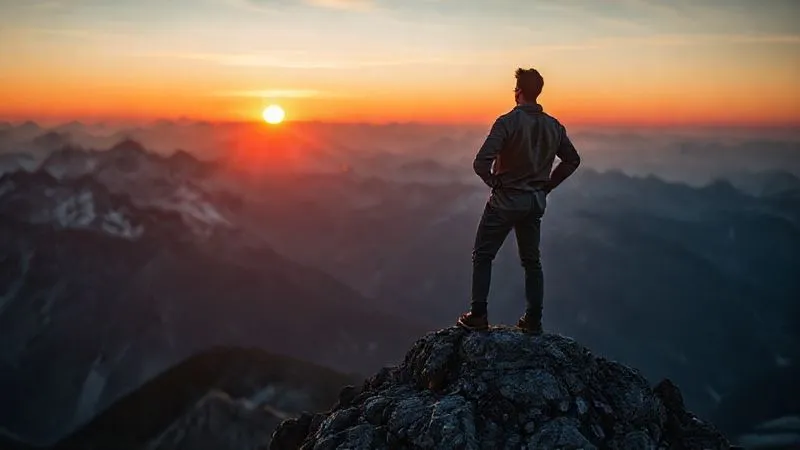 A photorealistic image of a strong, determined entrepreneur standing on a mountain peak at sunrise, looking confidently towards the horizon, symbolizing resilience, vision, and moving forward. The scene is professional photography, 8K, cinematic lighting with golden hour glow, sharp focus on the entrepreneur, depth of field blurring the majestic mountain landscape, conveying success and hope.
