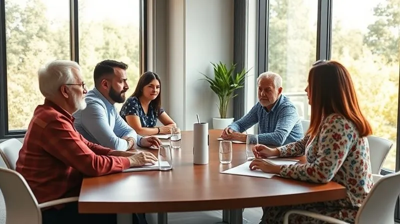 A photorealistic image of a diverse group of family members (multi-generational) engaged in a serious but calm discussion around a large conference table, with a mediator subtly guiding the conversation. Natural light streams through large windows, illuminating a professional setting. Sharp focus on the faces of the family members, 8K hyper-detailed, professional photography, shot on a high-end DSLR.