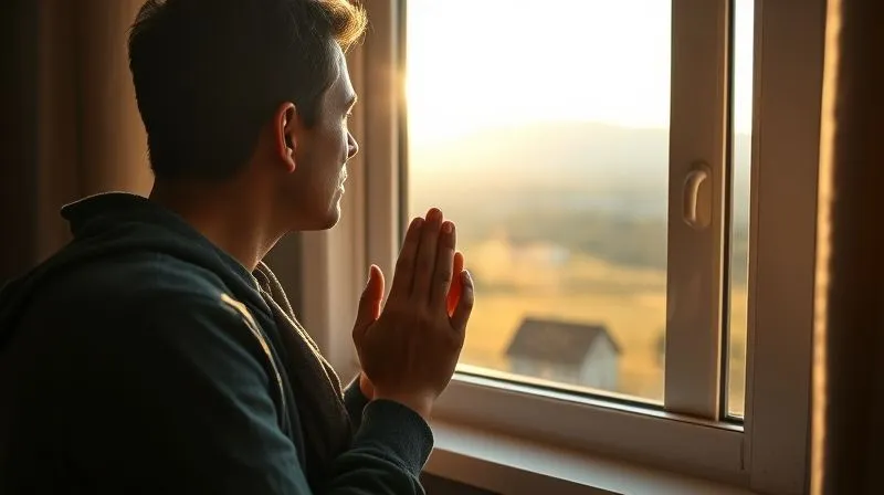 A photorealistic image of a person looking out a window at a serene, sunlit landscape, hands clasped thoughtfully, conveying a sense of calm contemplation and resilience amidst challenges. Soft, natural light fills the room, creating a peaceful atmosphere. Depth of field blurs the distant landscape, sharp focus on the person's hands and thoughtful expression. 8K hyper-detailed, professional photography, shot on a high-end DSLR.
