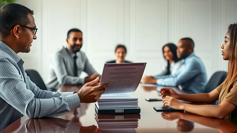 A photorealistic image of a trustee, a calm and professional figure, carefully presenting a stack of organized financial documents to a group of diverse beneficiaries seated around a polished conference table. The scene is bathed in soft, natural light, emphasizing transparency and open communication. Sharp focus on the documents and faces, depth of field, 8K, professional photography, shot on a high-end DSLR, conveying trust and resolution.