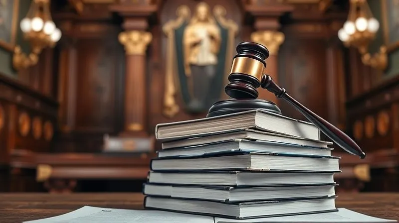 A photorealistic image of a stack of weighty legal textbooks and documents on a lawyer's desk, with a gavel resting prominently on top. The background features a blurred, ornate courtroom, conveying the seriousness of litigation. Cinematic lighting, sharp focus on the gavel and documents, depth of field, 8K, professional photography, shot on a high-end DSLR, symbolizing legal preparation and the gravity of court proceedings.