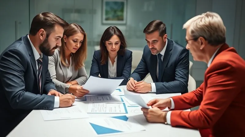 A photorealistic image of a diverse group of professional advisors (an attorney, a financial advisor, a mediator, a forensic accountant) gathered around a table, collaborating and reviewing documents. The scene is bright and professional, representing a team approach to complex problems. Sharp focus on the group, depth of field, 8K, professional photography, shot on a high-end DSLR, conveying expertise and collaborative problem-solving.