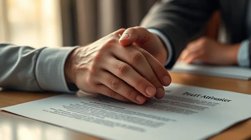 Photorealistic, professional photography, 8K, cinematic lighting, sharp focus, depth of field, shot on a high-end DSLR. Two hands, one older and one younger, gently clasped together over a softly blurred legal document on a table. A ray of warm, hopeful light streams in from a window, illuminating their clasped hands and the corner of the document. The scene conveys reconciliation, understanding, and a peaceful resolution after a period of conflict, with a sense of future harmony.