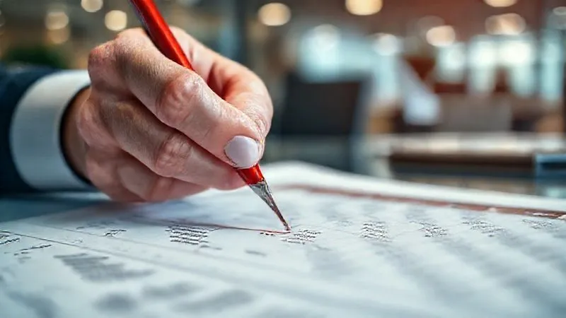 photorealistic, professional photography, 8K, cinematic lighting, sharp focus, depth of field, shot on a high-end DSLR. A hand with a red pen striking out line items on a detailed financial ledger, symbolizing cost-cutting and decisive action. The background is slightly blurred, showing a modern office environment.