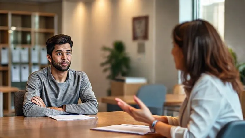 photorealistic, professional photography, 8K, cinematic lighting, sharp focus, depth of field, shot on a high-end DSLR. A concerned but hopeful university student sitting across a desk from a friendly, empathetic university advisor in a well-lit campus office, discussing financial options. The student is actively listening, and the advisor is gesturing reassuringly.