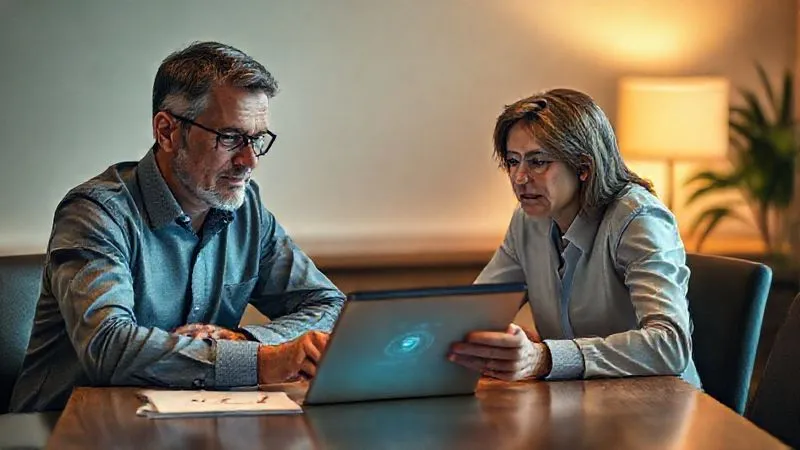 photorealistic, professional photography, 8K, cinematic lighting, sharp focus, depth of field, shot on a high-end DSLR. A professional financial advisor sits across a table from a concerned client, both looking at a tablet displaying secure information. The advisor has a reassuring, empathetic expression, and the client appears to be listening attentively, conveying trust being rebuilt through clear communication and support. Soft, warm lighting.