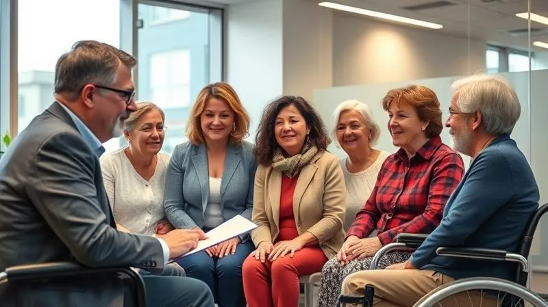 A photorealistic image of a diverse group of people, some with visible signs of aging or mild mobility aids, confidently engaging with a financial advisor in a modern office, representing accessibility to insurance. photorealistic, professional photography, 8K, cinematic lighting, sharp focus, depth of field, shot on a high-end DSLR.