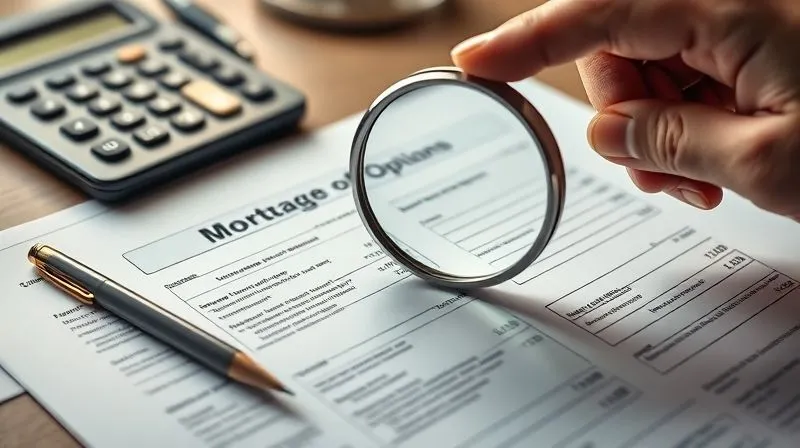 Photorealistic, professional photography, 8K, cinematic lighting, sharp focus, depth of field, shot on a high-end DSLR, a hand holding a magnifying glass over a complex financial document showing different mortgage options, with a calculator and a pen nearby, conveying detailed analysis and finding solutions.