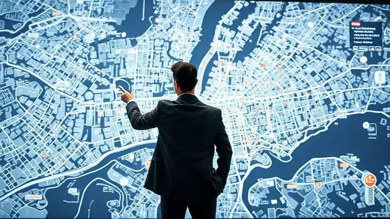 A photorealistic image of a business executive standing in front of a large, interactive digital map of a city, pointing at a specific commercial district. The map overlays data visualizations like vacancy rates, rental prices, and new construction projects. Cinematic lighting, sharp focus on the executive and the map, depth of field blurring the background, 8K hyper-detailed, shot on a high-end DSLR.