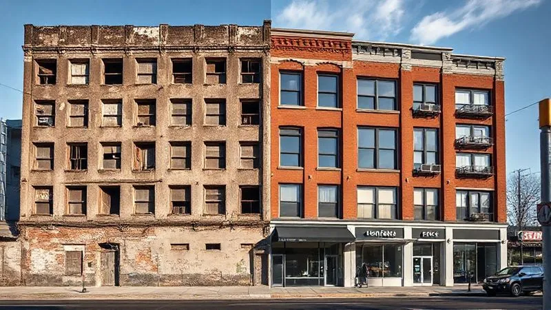 A photorealistic image showcasing the architectural transformation of an old, vacant commercial building. One half of the building looks dilapidated and empty, while the other half is vibrant, newly renovated, and clearly adapted for a modern, mixed-use purpose (e.g., residential units with ground-floor retail). The image should convey progress and potential. Cinematic lighting, sharp focus on the architectural details, depth of field blurring the surrounding street, 8K hyper-detailed, shot on a high-end DSLR.