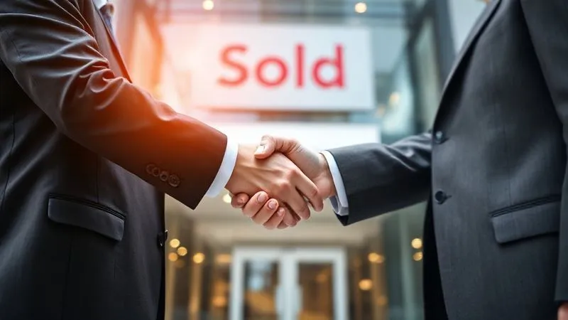 A photorealistic image of two business people shaking hands in front of a modern commercial building, with a subtle "Sold" or "Partnership" banner on the building facade. The handshake is firm and professional, conveying a successful, strategic agreement. The lighting is bright and optimistic, suggesting a new beginning. Sharp focus on the handshake, depth of field blurring the background, 8K hyper-detailed, shot on a high-end DSLR.