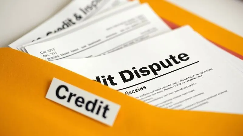A photorealistic close-up of a neatly organized physical folder labeled "Credit Dispute Evidence," filled with various documents, certified mail receipts, and printed emails. The lighting is crisp and professional, emphasizing order and detail, 8K, cinematic lighting, sharp focus, depth of field, shot on a high-end DSLR.