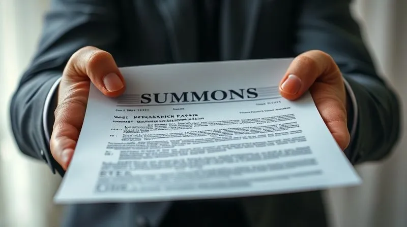 A photorealistic close-up of a legal summons document with a blurred background of a person's hands nervously holding it. The document is sharp, showing official seals and complex legal text. Cinematic lighting, sharp focus, depth of field, shot on a high-end DSLR, 8K hyper-detailed, professional photography.