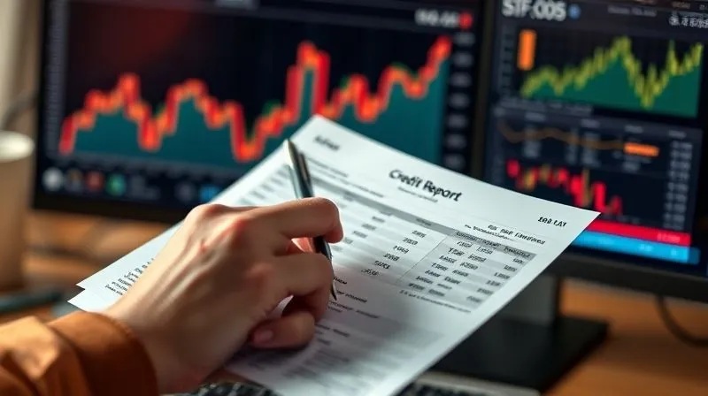 A photorealistic image of a person's hand meticulously reviewing a credit report printout, with a pen poised to make notes. In the background, a blurred computer screen displays financial graphs. Warm, cinematic lighting, sharp focus on the credit report, depth of field, shot on a high-end DSLR, 8K hyper-detailed, professional photography.