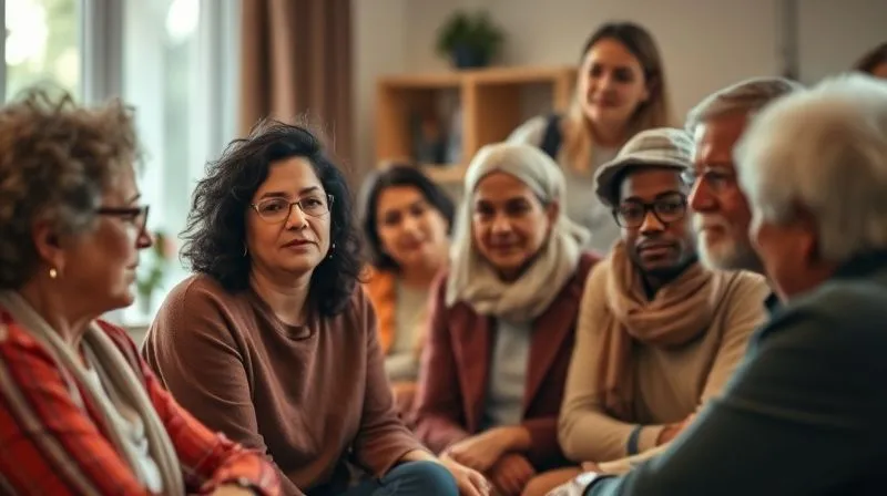 photorealistic, professional photography, 8K, cinematic lighting, sharp focus, depth of field, shot on a high-end DSLR, a diverse group of people engaged in a community support meeting, one person speaking with empathy, others listening attentively, a warm, inviting atmosphere, soft focus on the background to emphasize connection.