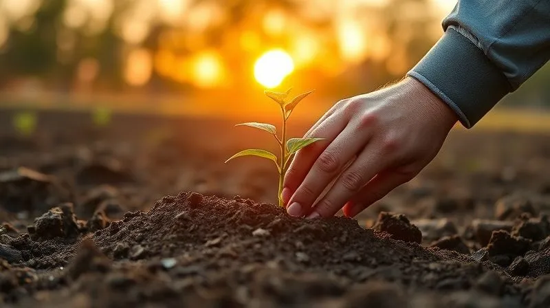 photorealistic, professional photography, 8K, cinematic lighting, sharp focus, depth of field, shot on a high-end DSLR, a person carefully placing a small, robust sapling into rich, fertile soil, symbolizing financial regrowth and stability, sun setting in the background casting a warm, hopeful glow.