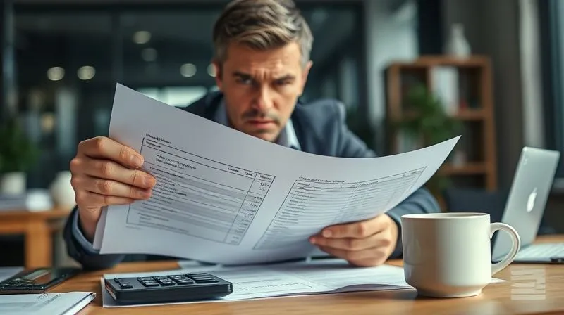 A photorealistic image of a business owner, looking stressed but determined, holding a detailed financial ledger, with a calculator and empty coffee cup on a desk, cinematic lighting, sharp focus on the ledger, depth of field blurring office background, 8K hyper-detailed, professional photography, shot on a high-end DSLR.