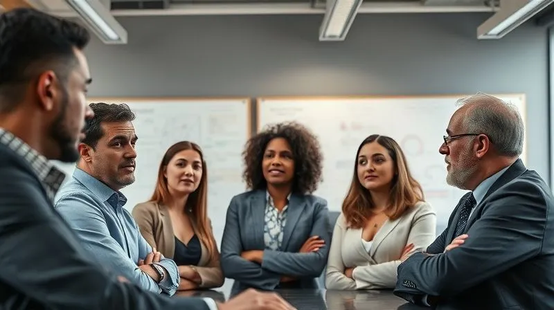 A photorealistic image of a diverse business team in a modern office, engaged in a serious but collaborative discussion, whiteboards with strategic plans in the background, cinematic lighting, sharp focus on the team's faces, depth of field blurring the office environment, 8K hyper-detailed, professional photography, shot on a high-end DSLR.