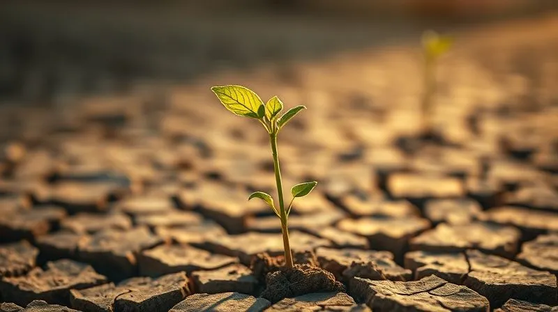 A photorealistic image of a sturdy, young tree sapling growing defiantly through cracked, parched earth, with a vibrant green leaf unfurling, dramatic cinematic lighting symbolizing hope and resilience, sharp focus on the sapling, depth of field blurring the desolate landscape, 8K hyper-detailed, professional photography, shot on a high-end DSLR.