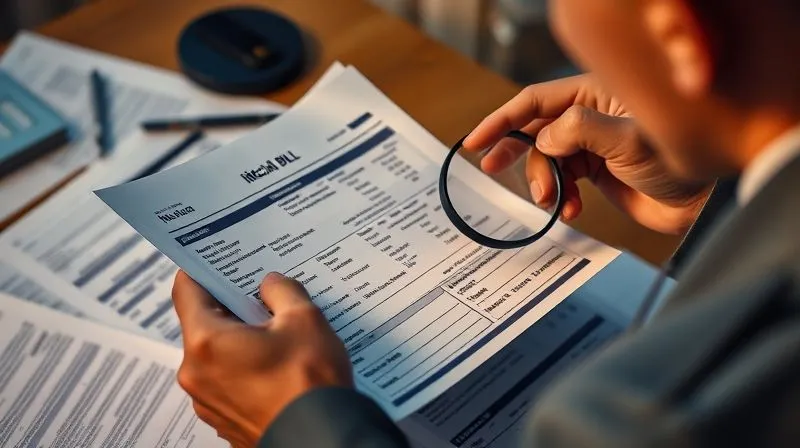 photorealistic, professional photography, 8K, cinematic lighting, sharp focus, depth of field, shot on a high-end DSLR, a person meticulously comparing an itemized medical bill with an Explanation of Benefits (EOB) document, using a magnifying glass, surrounded by financial documents, a sense of intense focus and determination, warm, soft lighting, symbolizing clarity amidst complexity.