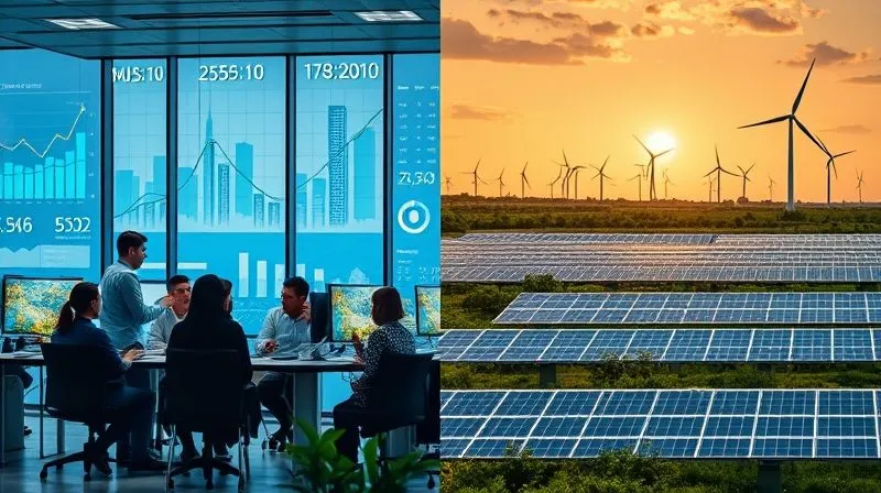 A photorealistic image of a split screen or infographic-style image comparing two distinct industry settings. On one side, a modern tech office with diverse employees collaborating, focusing on digital screens and data. On the other side, a renewable energy farm with solar panels stretching into the distance and wind turbines, with a focus on environmental metrics. Both halves are visually distinct yet professionally integrated, 8K, cinematic lighting, sharp focus, depth of field, shot on a high-end DSLR.