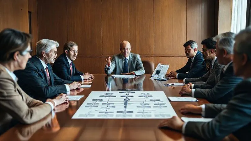 A photorealistic image of a diverse group of serious, well-dressed individuals sitting around a large, polished boardroom table. An independent mediator, distinguished and calm, is facilitating a difficult discussion, gesturing towards a complex organizational chart. Cinematic lighting, sharp focus on the faces and the mediator, depth of field blurring the background. 8K hyper-detailed, professional photography.