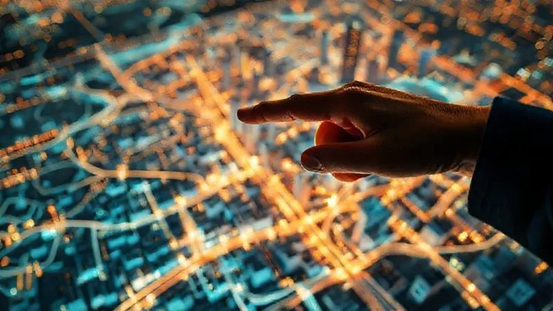 photorealistic, professional photography, 8K, cinematic lighting, sharp focus, depth of field, shot on a high-end DSLR. A luminous, interactive 3D map of a specific city neighborhood, overlaid with dynamic data visualizations: heat maps indicating price per square foot, small bar charts showing days on market for individual streets, and glowing lines illustrating recent sales trends. A hand points to a specific zip code, emphasizing hyper-local analysis. The image conveys sophisticated data intelligence and precision.