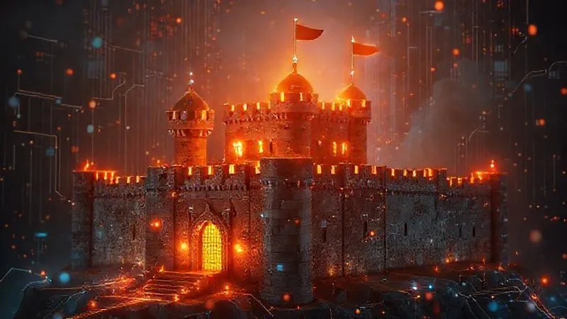 Photorealistic, professional photography, 8K, cinematic lighting, sharp focus, depth of field, shot on a high-end DSLR. A digital fortress with glowing protective shields, safeguarding a network of international payment pathways. Abstract data streams are flowing around the fortress, representing real-time fraud detection and defense, with a sense of high-tech vigilance.