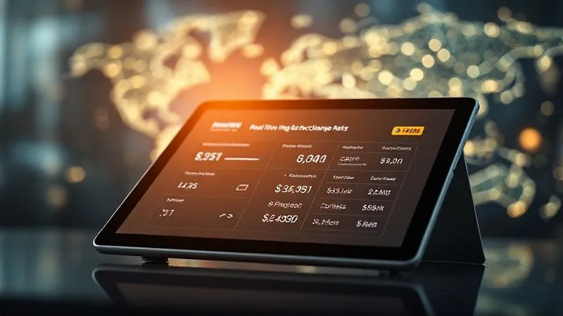 A photorealistic image of a sleek, modern payment gateway interface on a tablet, displaying real-time currency exchange rates and low transfer fees, with a blurred backdrop of a global map with glowing digital connections. Professional photography, 8K, cinematic lighting, sharp focus on the tablet screen, depth of field, shot on a high-end DSLR.