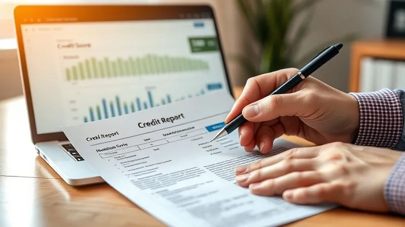 photorealistic, professional photography, 8K, cinematic lighting, sharp focus, depth of field, shot on a high-end DSLR, a person's hands meticulously reviewing a detailed credit report document, highlighting sections with a pen, a laptop in the background displaying a credit score dashboard, conveying diligence and financial responsibility, warm, inviting light.