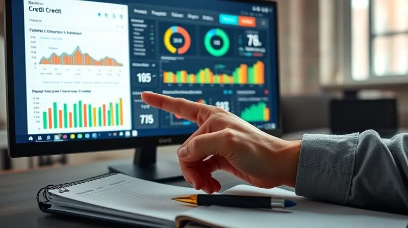 photorealistic, professional photography, 8K, cinematic lighting, sharp focus, depth of field, shot on a high-end DSLR, a hand pointing to a section on a computer screen displaying a complex business credit report dashboard with various metrics and scores, a pen and notebook nearby, conveying the meticulous process of building and monitoring business credit.