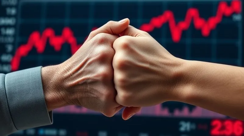 A photorealistic image depicting two hands, one older and one younger, clasped firmly. In the background, out of focus, a digital stock chart shows significant downward trends in red. The hands are in sharp focus, conveying resilience and solidarity against a turbulent financial backdrop. 8K, cinematic lighting, depth of field, professional photography.