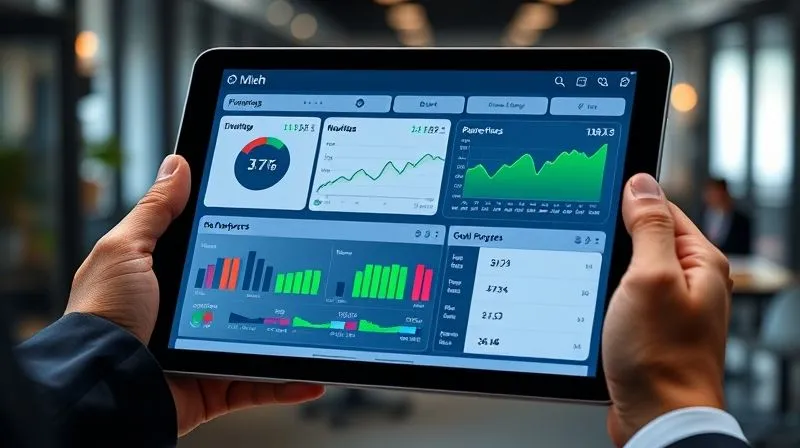 A photorealistic image of a sleek, modern tablet displaying a sophisticated financial dashboard. The screen shows clear, color-coded graphs of portfolio performance, risk metrics, and goal progress, with green upward trends in key areas. The tablet is held by a professional hand, with a blurred background of a modern office. 8K, cinematic lighting, sharp focus, depth of field, professional photography.