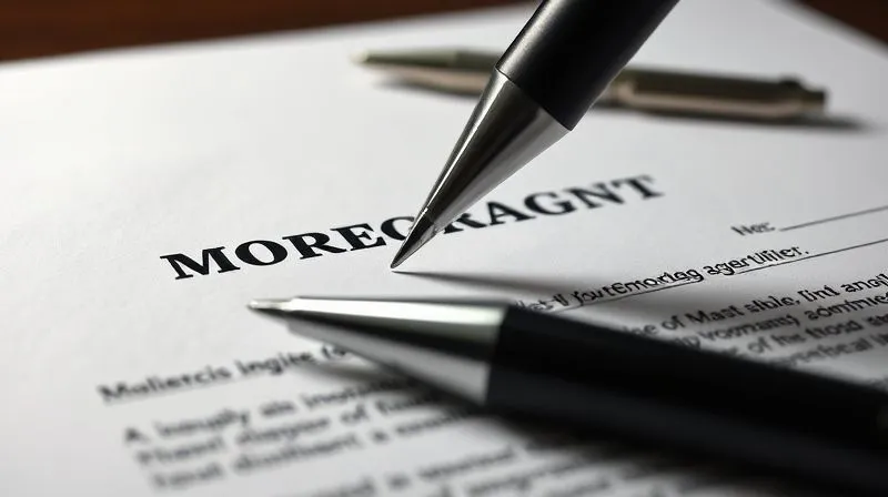 A detailed, photorealistic image of a legal document, possibly a mortgage agreement, with a pen poised above it, suggesting careful review and attention to detail. 8K, cinematic lighting, sharp focus on the text, depth of field, shot on a high-end DSLR.