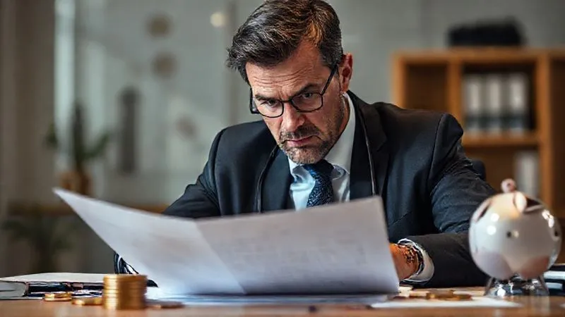 Photorealistic, professional photography, 8K, cinematic lighting, sharp focus, depth of field, shot on a high-end DSLR. A professional person, perhaps a doctor or lawyer, looking worriedly at official documents on a desk, with a faint, blurred background showing abstract representations of financial stress like shadowed coins or a broken piggy bank. The atmosphere is serious and contemplative.