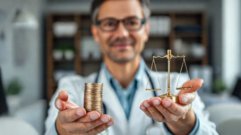 Photorealistic, professional photography, 8K, cinematic lighting, sharp focus, depth of field, shot on a high-end DSLR. A professional person, perhaps a doctor or lawyer, calmly balancing a stack of coins on one hand and a miniature scale representing financial stability on the other. The background is a bright, organized office, symbolizing regained control and resilience. The expression is one of calm confidence.