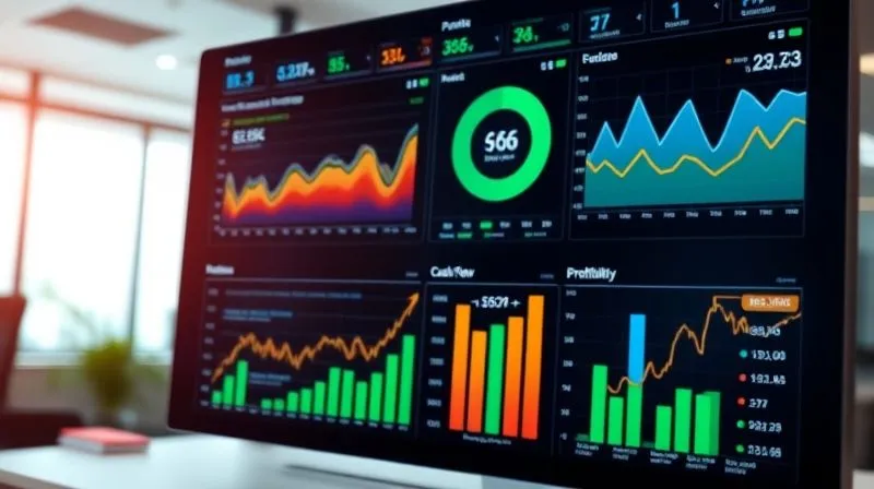 A photorealistic image of a vibrant, complex financial dashboard with various charts and graphs showing positive trends in cash flow, liquidity, and profitability. The dashboard is clean, modern, and high-tech, with sharp focus on the data, depth of field blurring a subtle office background, 8K hyper-detailed, shot on a high-end DSLR.