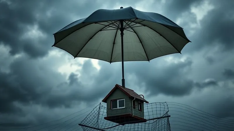 A photorealistic, professional photography, 8K, cinematic lighting, sharp focus on a visual metaphor of different layers of insurance protection – a sturdy umbrella shielding a small house, with a safety net beneath. The background is a slightly stormy sky, conveying comprehensive risk management, depth of field, shot on a high-end DSLR.